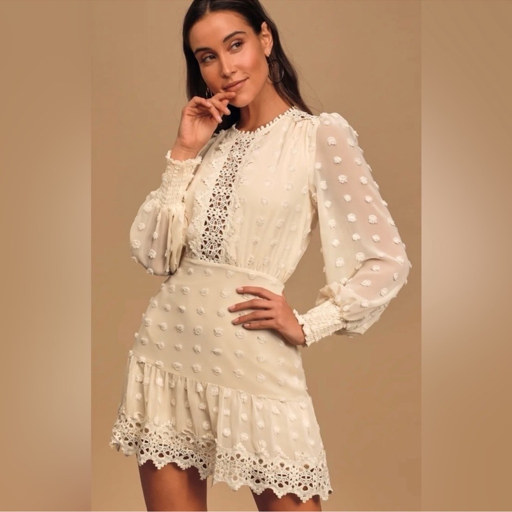 Lulu's Ivory Swiss Dot Lace-Trim Long Sleeve Mini Dress